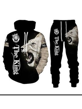 Mens White Lion Leo Graphic Track Suit Hoodie Set "The King"